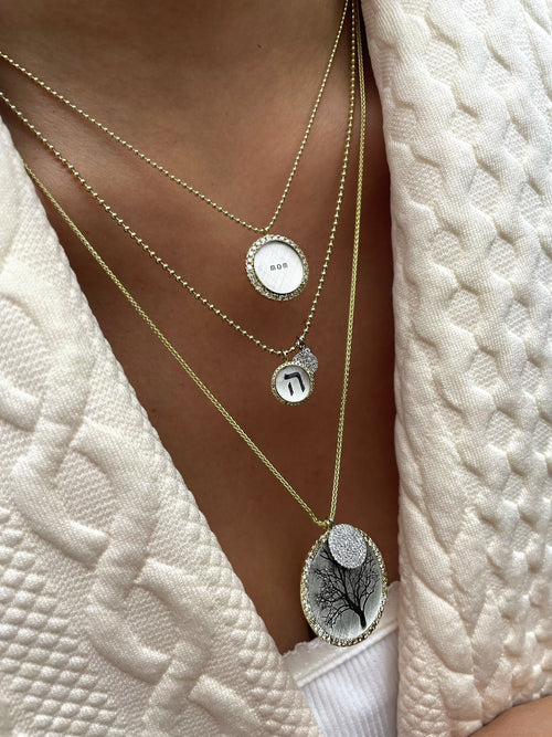 Hebrew Letter Diamond Silver Ball Chain Necklace
