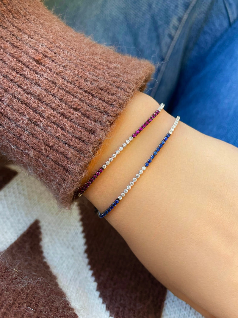 White Gold Dainty Diamond and Blue Sapphire Tennis Bracelet