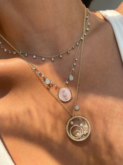 Yellow Gold Diamond and Pink Opal Necklace