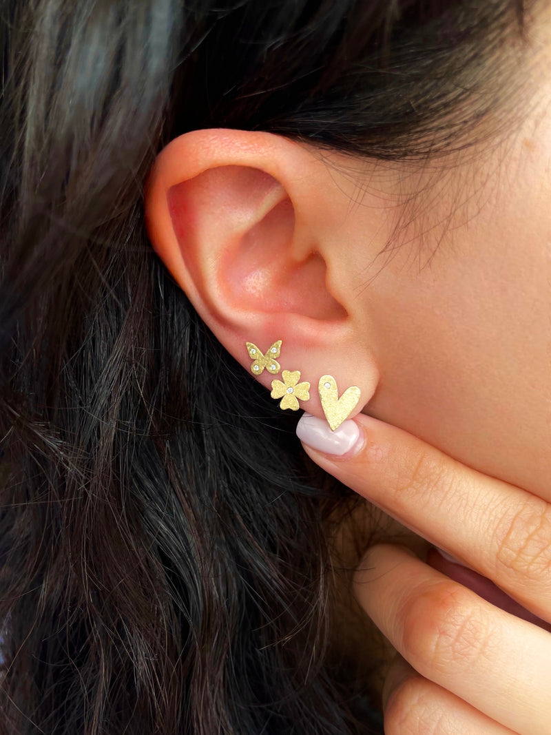 Textured Yellow Gold Diamond Flower Stud