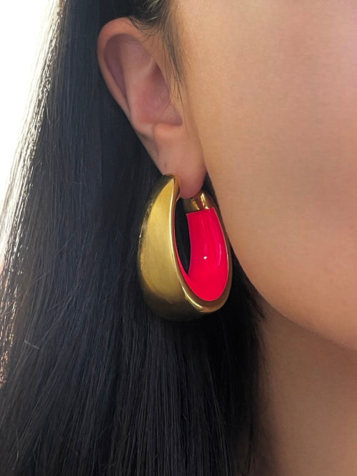 Gold Plated Neon Pink Enamel Hoop Earrings