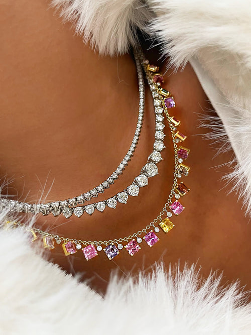 14kt Yellow Gold Multi Color Sapphire Diamond Necklace