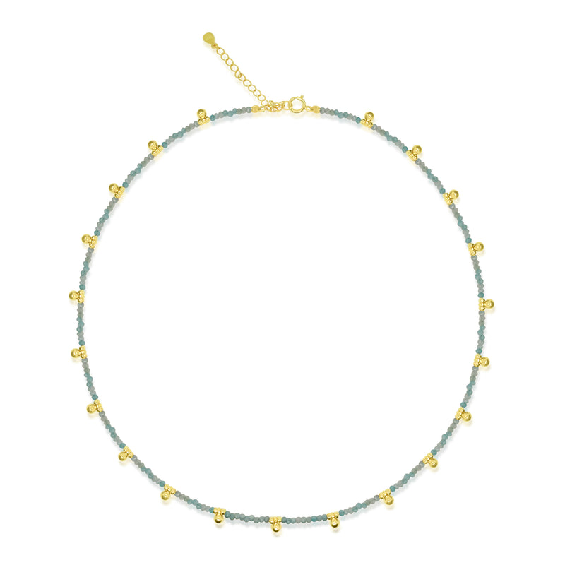 Aquamarine Bead and Gold Plated Ball Drop Necklace.