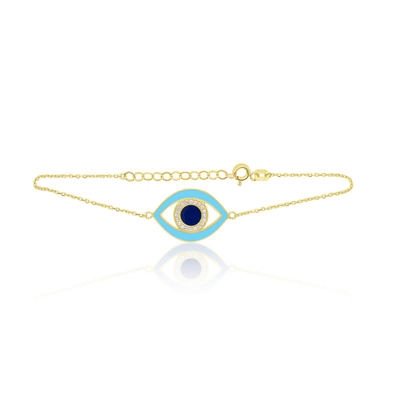Sky Blue Evil Eye Bracelet with Yellow Gold Chain