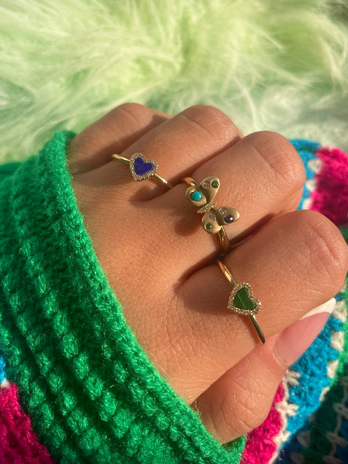 Yellow Gold Dainty Malachite and Diamond Heart Ring