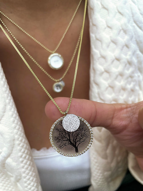 Yellow Silver and Diamond Printed Lithograph Necklace
