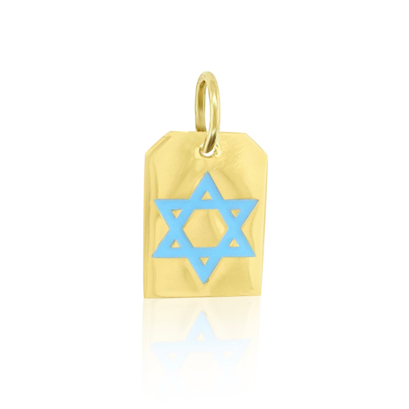 Jewish Star Engraved on Tag Charm in Light Blue