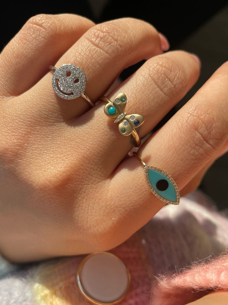 Yellow Gold Turquoise and Diamond Evil Eye Ring