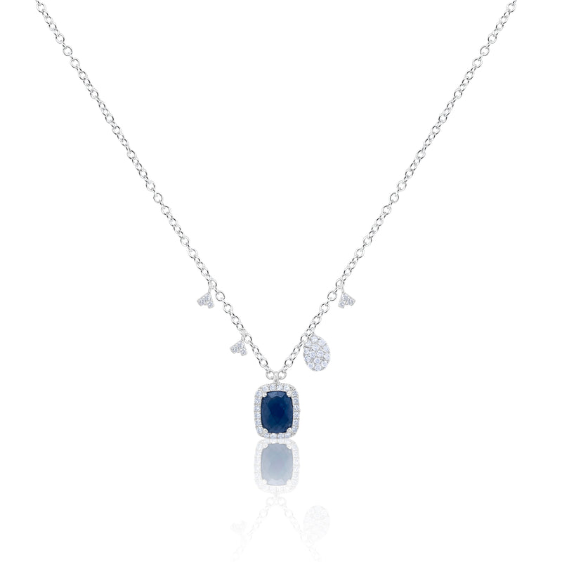 White Gold Blue Sapphire Necklace With Diamond Side Charms