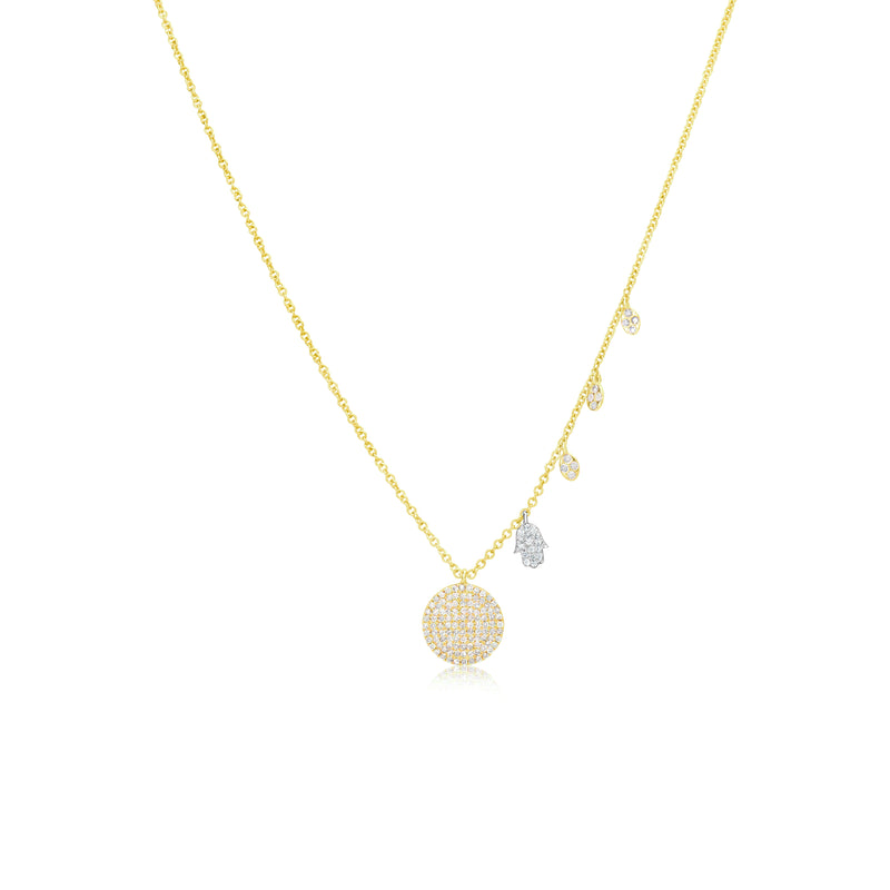 Yellow Gold Disc Hamsa Diamond Necklace