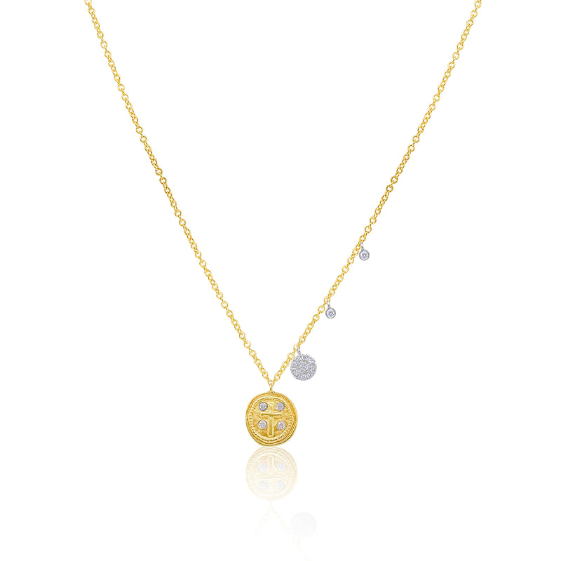 Brushed Silver Cross and Diamond Coin Necklace