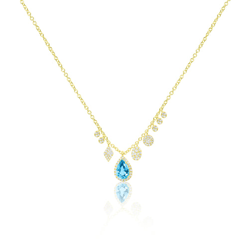 Yellow Gold Blue Topaz and Diamond Bezel Necklace