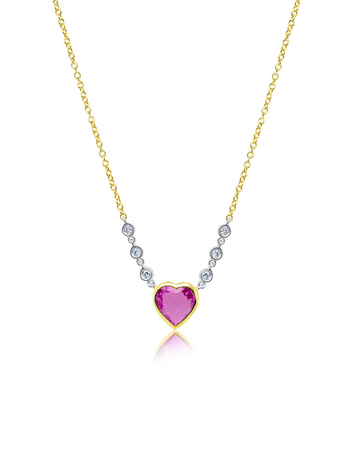 yellow gold necklace with diamond bezels and pink sapphire heart