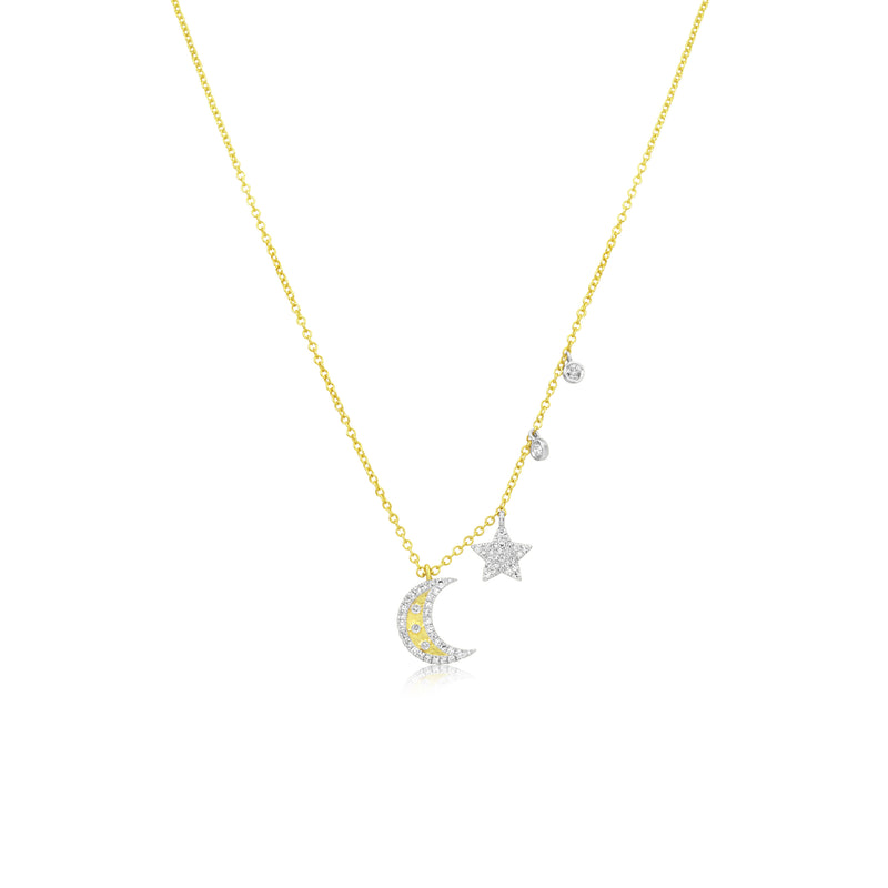 Two Tone Diamond Moon and Star Necklace