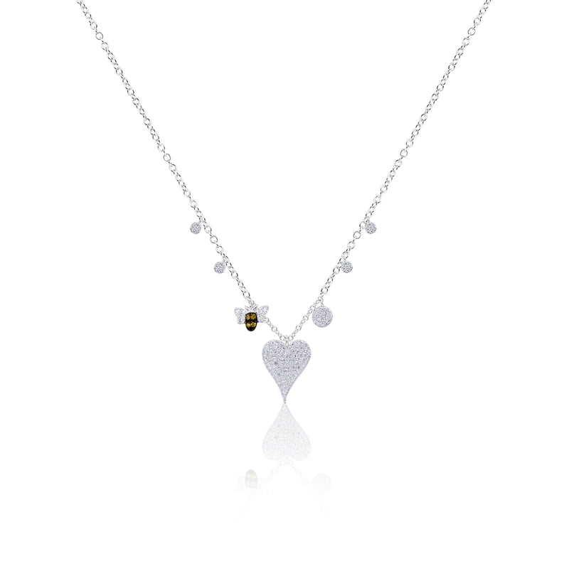 White Gold Diamond Heart and Bee Charms Necklace