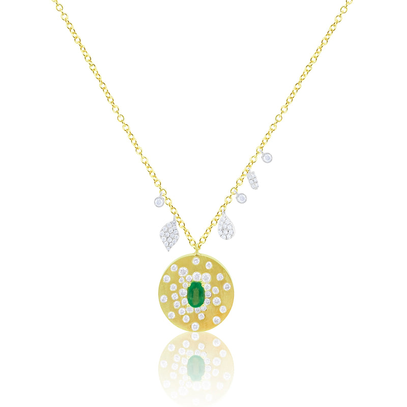 Meira T 14kt Yellow Gold Diamond Medallion Necklace with Oval Emerlad Center