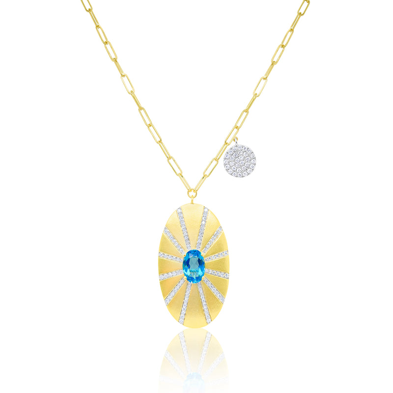 Yellow Gold Diamond Medallion Blue Topaz Necklace- 32 inch paper clip chain
