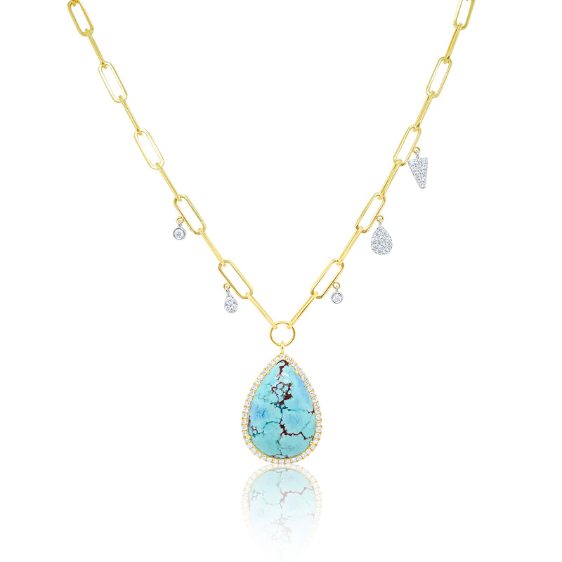 Yellow Gold Paperclip and Turquoise Necklace