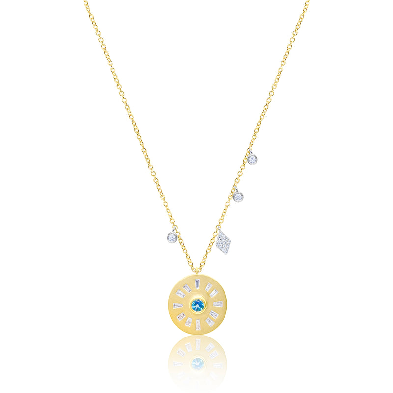 Yellow Gold Diamond Blue Topaz Disc Necklace