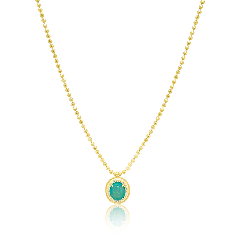 Yellow Gold Ball Chain and Opal Pendant Necklace
