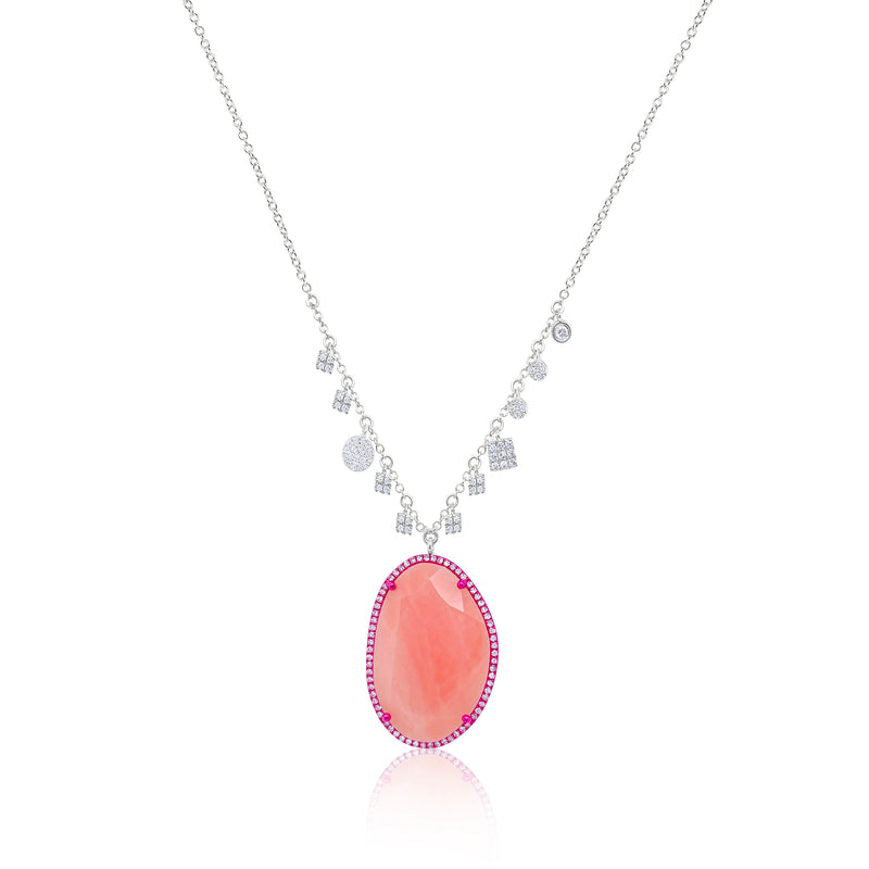 White Gold Pink Opal Diamond Necklace