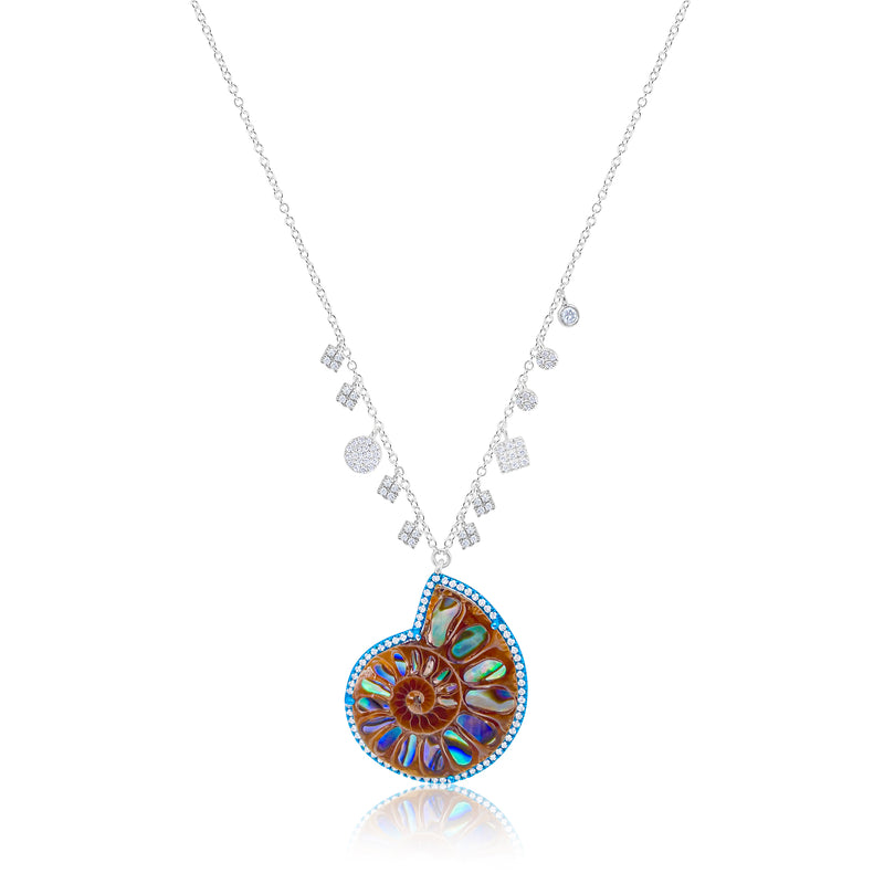 Conch Fossil Blue Rhodium and Diamond Necklace