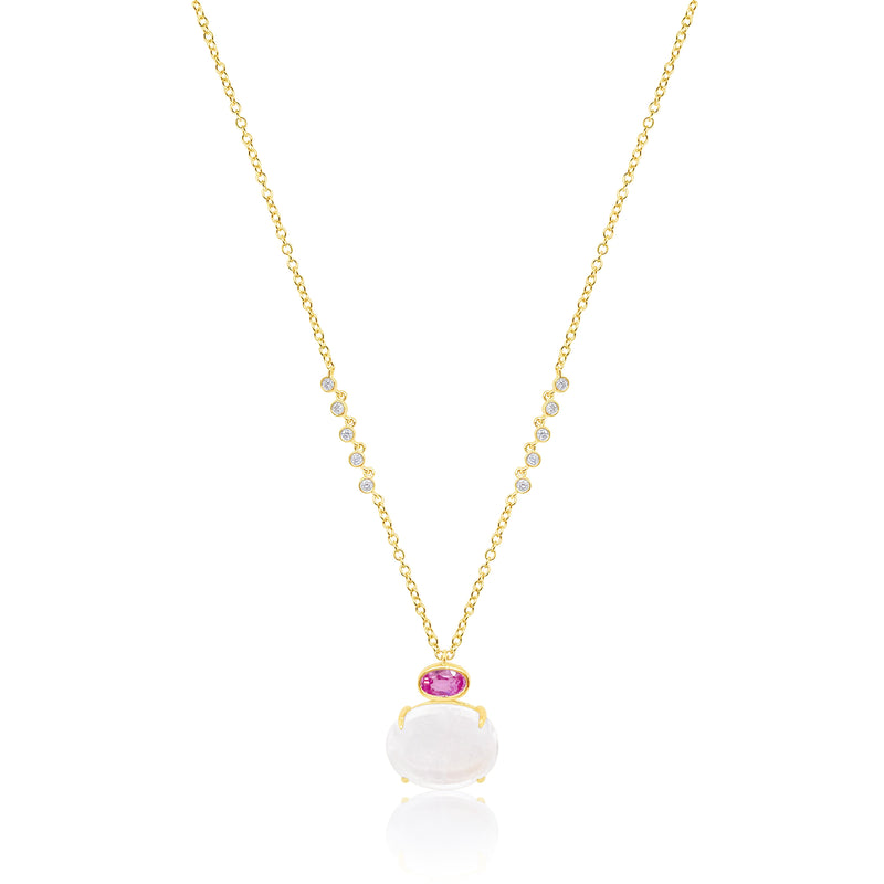 Yellow Gold Pink Sapphire Rainbow Moonstone Necklace