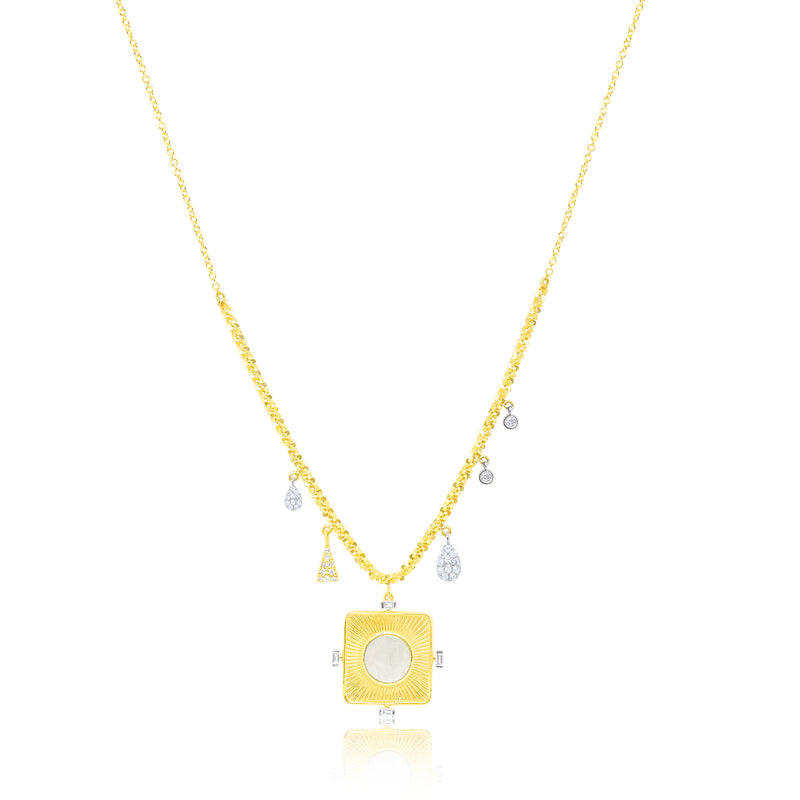 Milky Aqua Square Pendant Textured Chain Charm Necklace