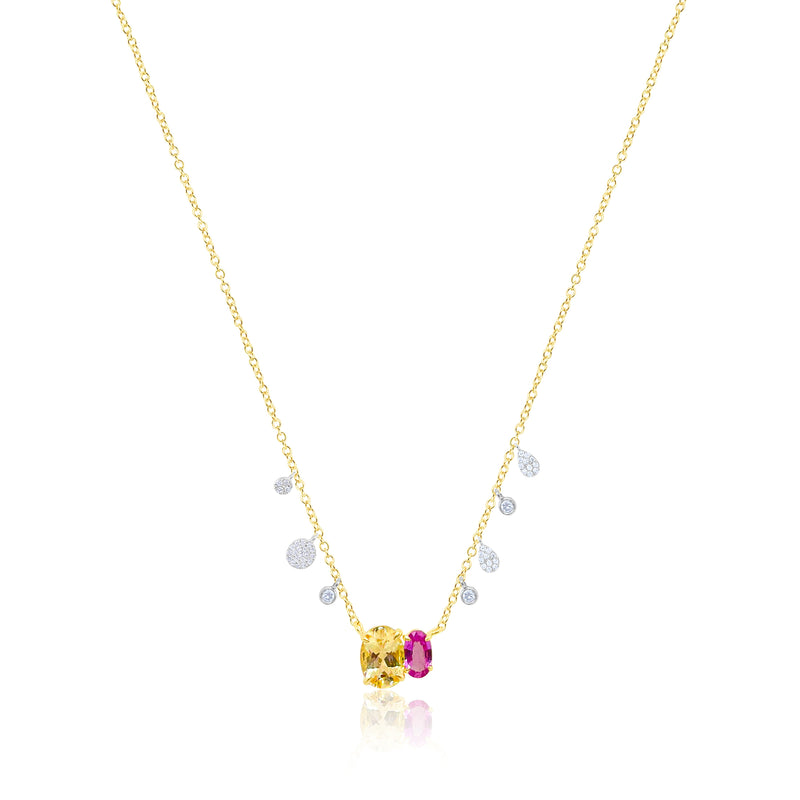 Amblygonite Pink Sapphire 14kt Yellow Gold with Diamond Charms Two Stone Necklace