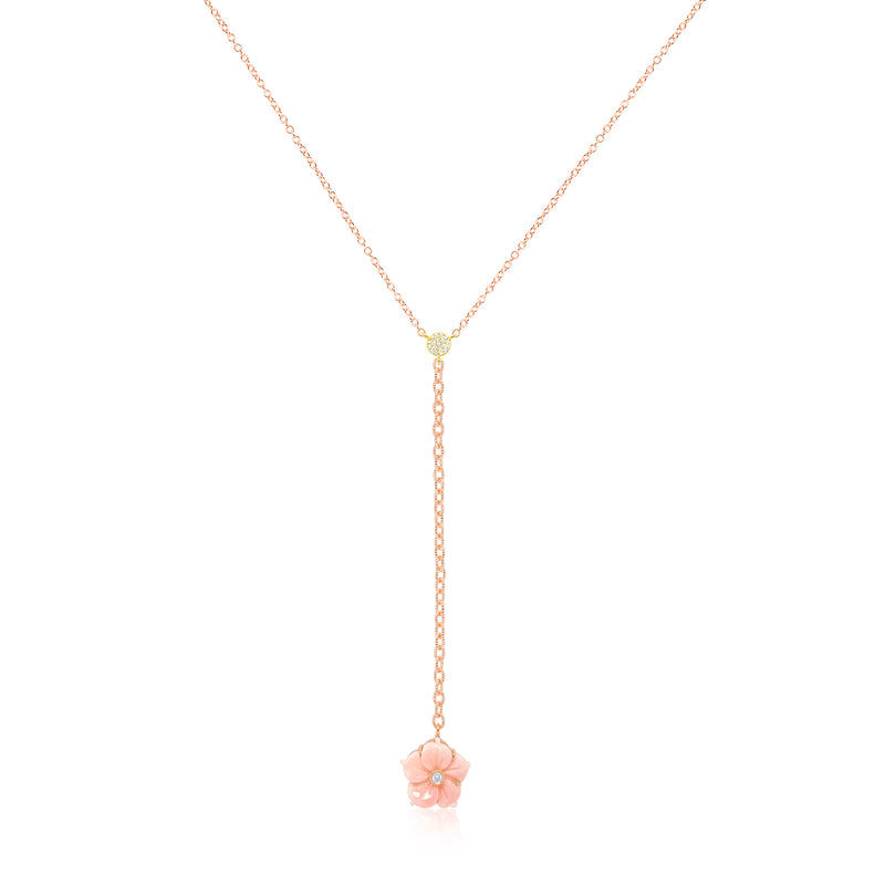 14kt Rose Gold Lariat Pink Shell Flower Diamond Necklace