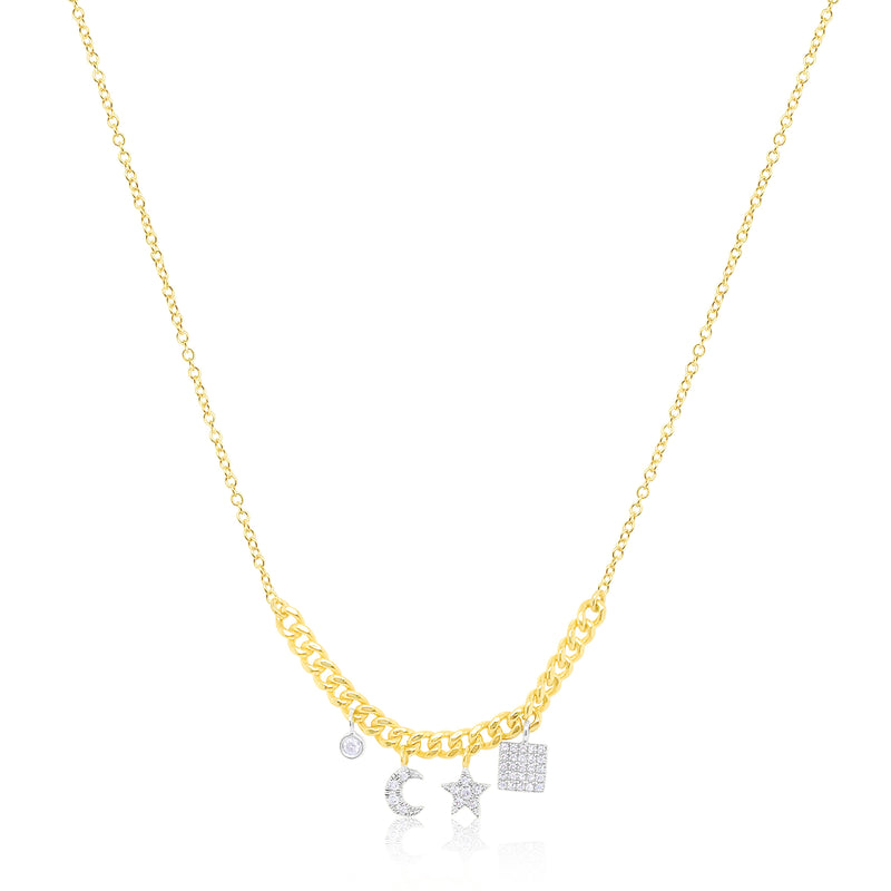 Yellow Gold Moon and Star Diamond Cuban Chain Necklace