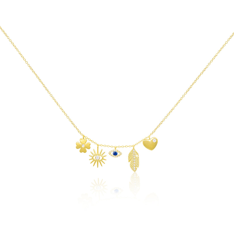 14 Kt Brushed Gold Blue Sapphire Evil Eye, Flower, Sun, Leaf, and Heart Diamond Charm Necklace