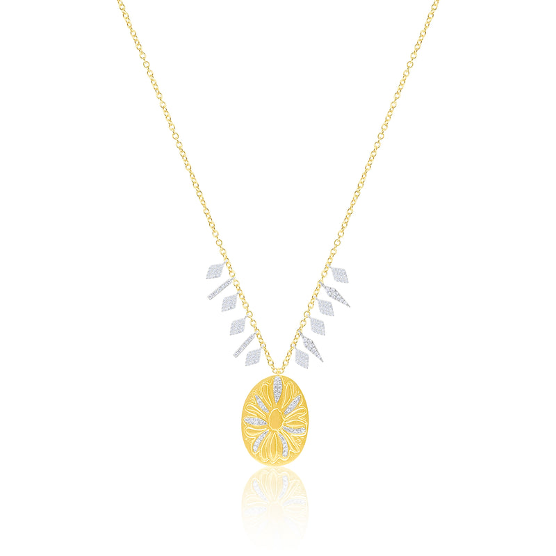 14 Kt Yellow Gold Brushed Flower Diamond Necklace