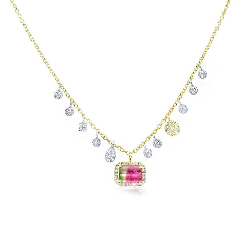 Yellow Gold Diamond and Watermelon Tourmaline Necklace