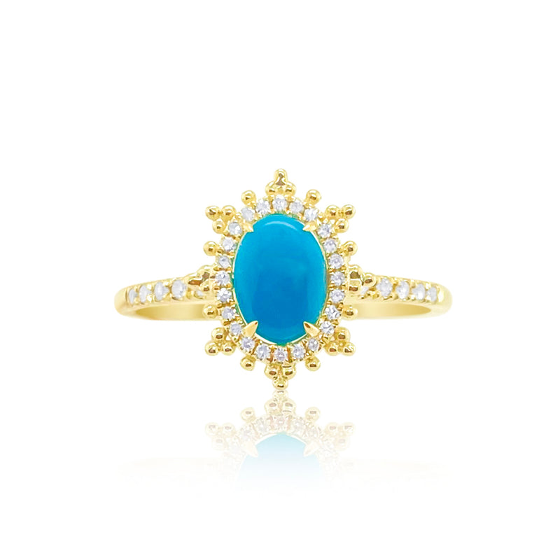 14kt Yellow Gold Turquoise Ring with Sun Shape Halo of Diamonds
