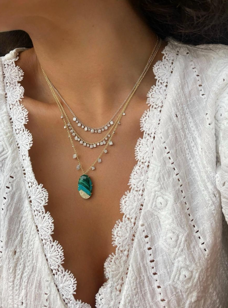 Yellow Gold Crysocola Diamond Charm Necklace