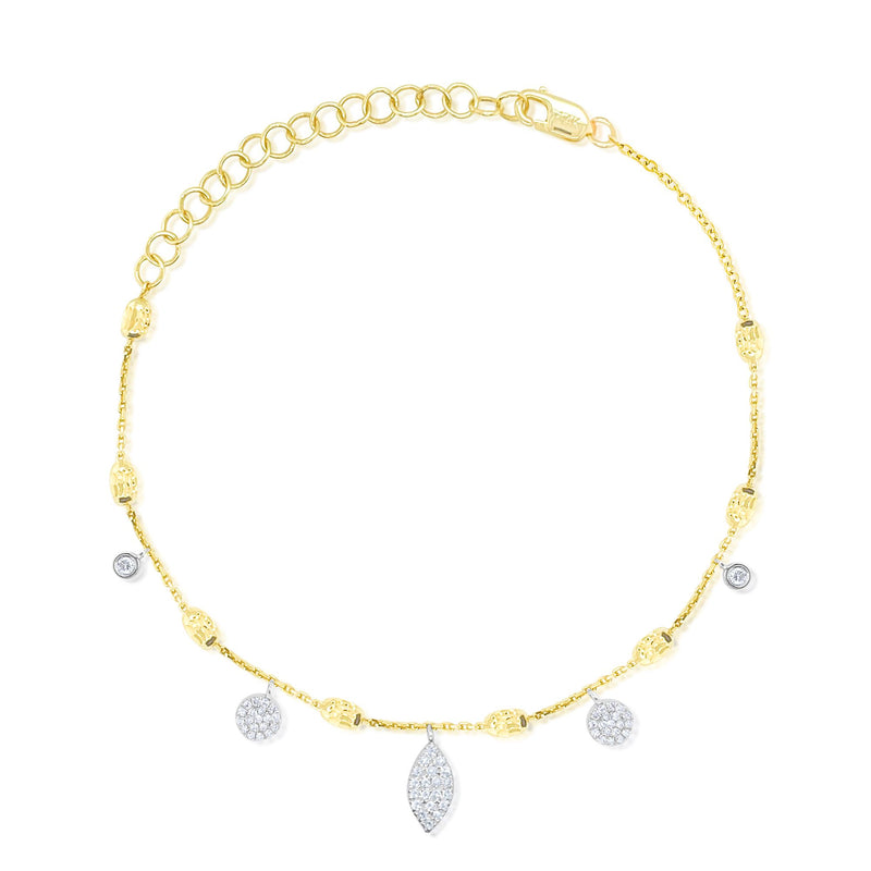 Meira T 14k Yellow Gold Round and Leaf Diamond Charm Barrel Chain Bracelet