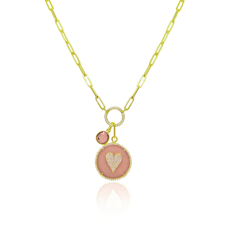 Pink Opal Diamond Heart and Watermelon Tourmaline Necklace
