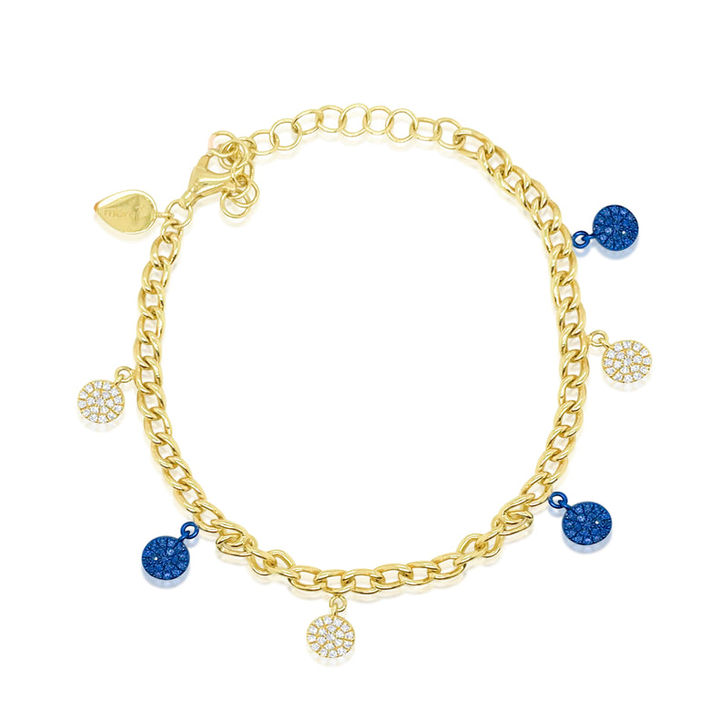 Blue Sapphire and Diamond Pave Disks Cuban Chain Bracelet