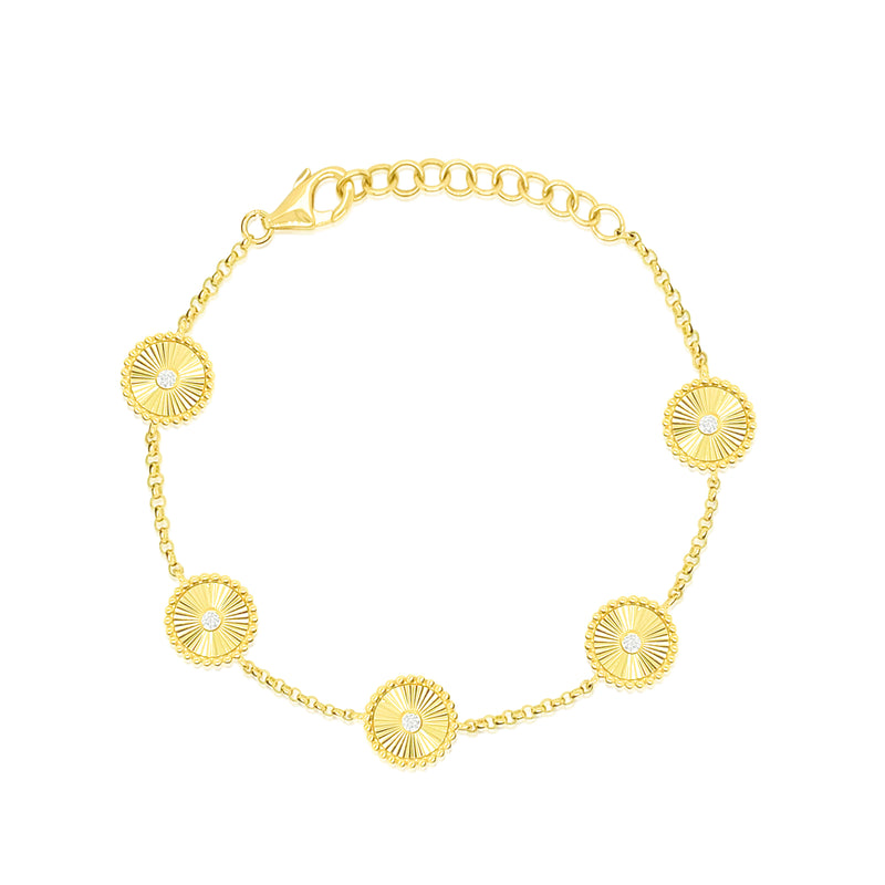 Flower Coin Station Bracelet in 14kt Yellow Gold and Diamonds Adjustable 7 inches