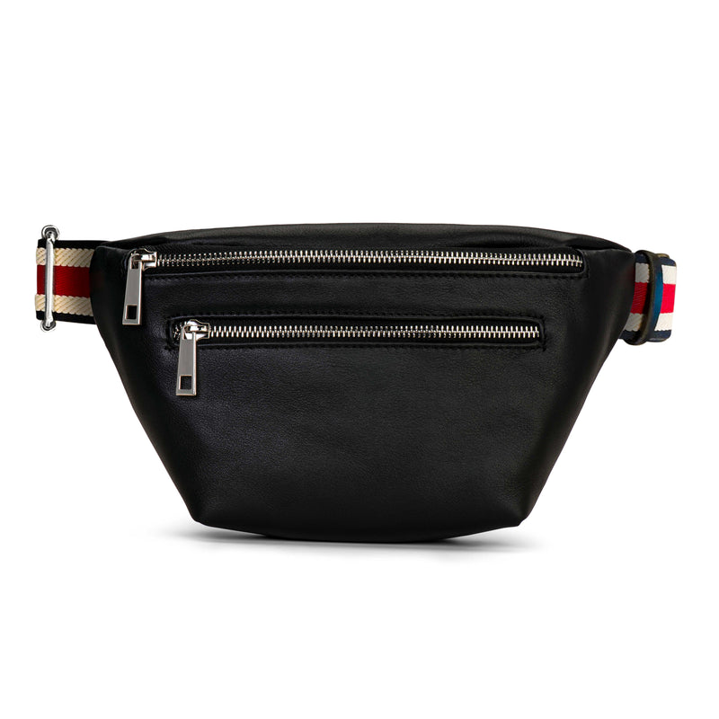 All New Black Leather Double Zipper Belt Bag Fanny Pack