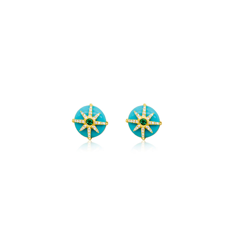 14kt Yellow Gold Celestial Turquoise and Emerald Nautical Earrings WIth Diamonds