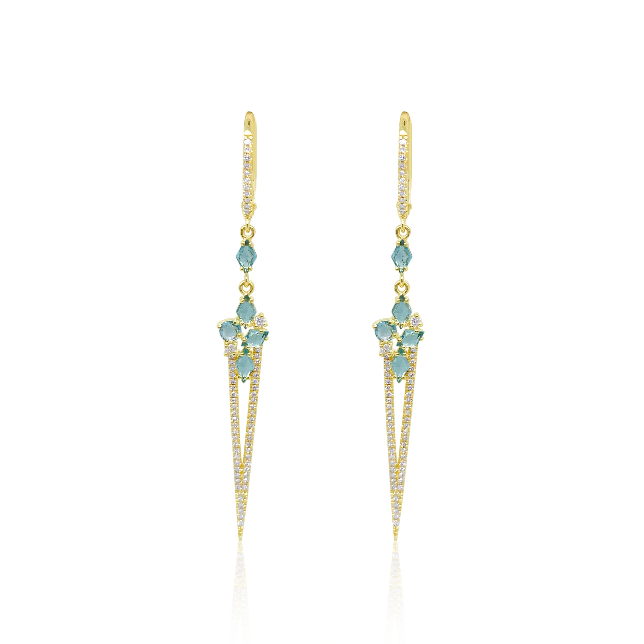 yellow gold and diamond blue topaz dagger earrings
