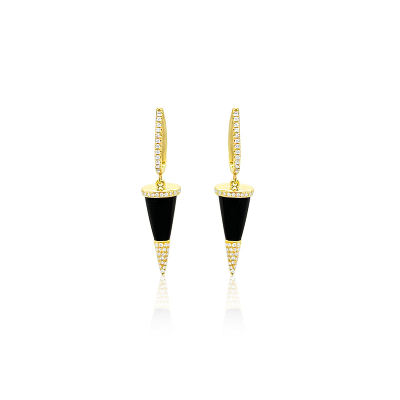 Yellow Gold Black Onyx Dagger Diamond Earrings