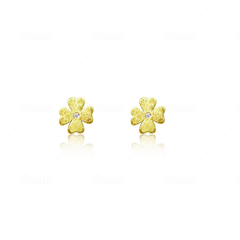 Textured Yellow Gold Diamond Flower Stud