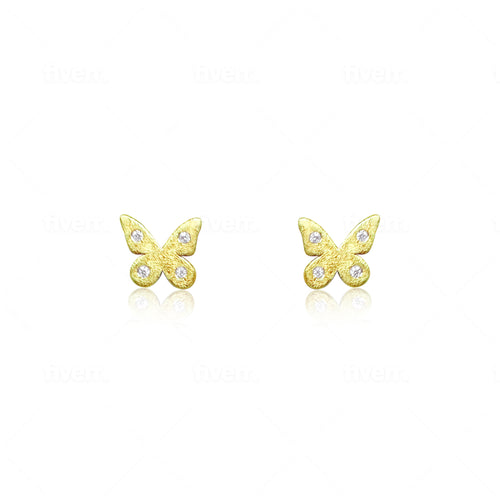 Butterfly Brushed Yellow Gold and Diamond Stud
