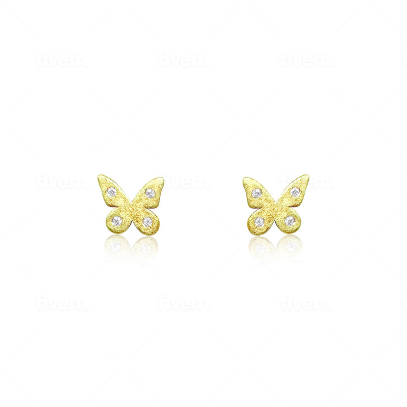 Butterfly Brushed Yellow Gold and Diamond Stud