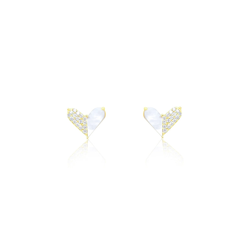 Yellow Gold Mother of Pearl and Diamond Heart Earrings IN STOCK READY TO SHIP