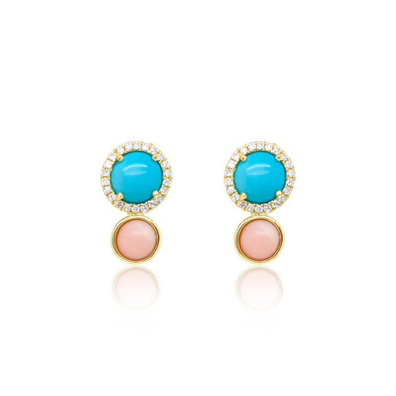 Yellow Gold Turquoise and Pink Opal Studs