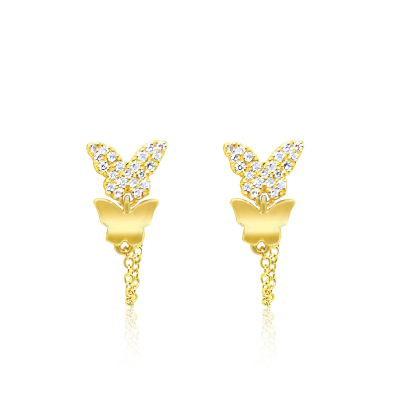 Yellow Gold Diamond Butterfly and Chain Earrings